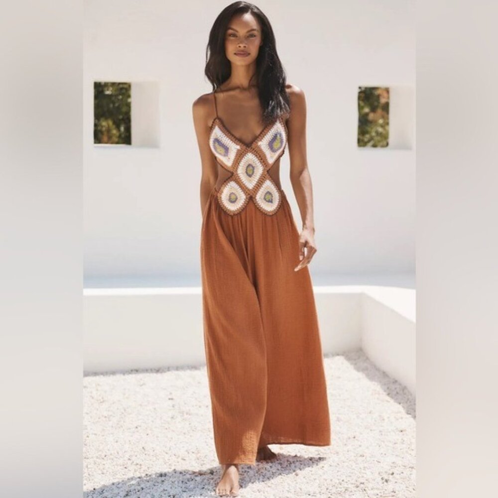 NEW By Anthropologie Boho Crochet Twofer Jumpsuit Rust Cream backless